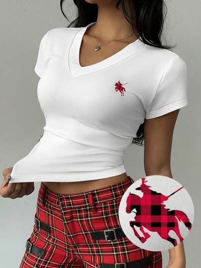 SHEIN EZwear Casual Minimalist Black & Red Plaid Small Horse Logo Placement Print V-Neck Ruched T-Shirt, Versatile Style For Women