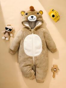 SHEIN 婴儿/男童可爱狮子3D图案长袖连体衣，返校套装 - 卡其色 - 查看 2