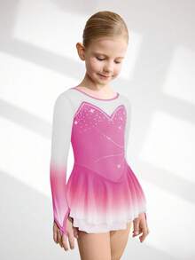 女童花样滑冰服，渐变粉色闪亮冰上比赛服，镶钻紧身衣，弹力丝滑网纱冰上裙 - 彩色 - 查看 3