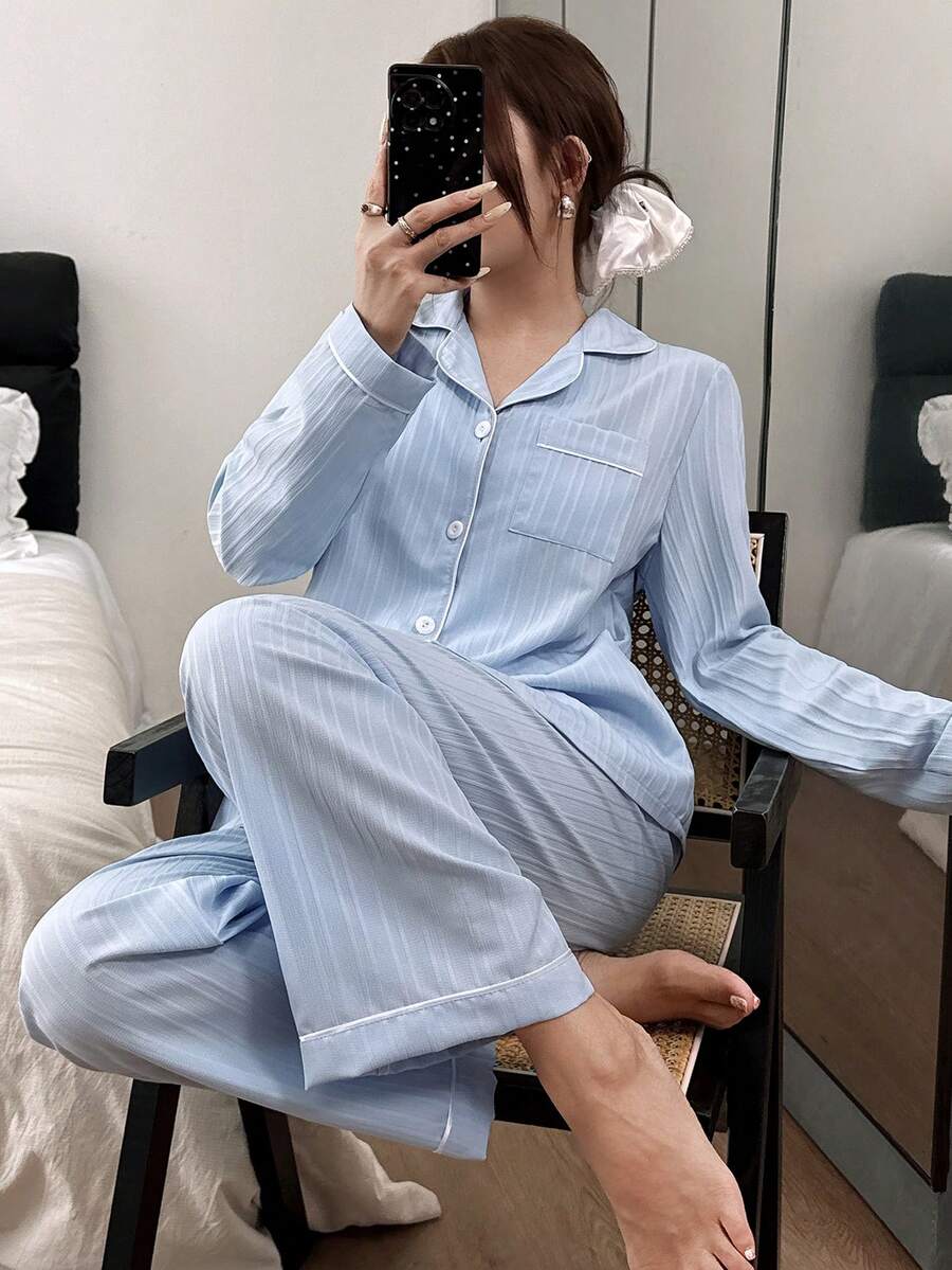 SHEIN 女士新款休闲舒适长袖上衣和裤子睡衣套装,秋冬服装 - 藍色 - 查看 1