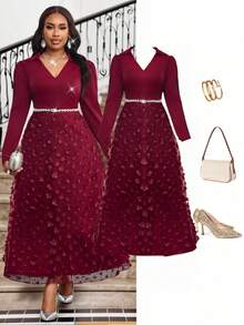 SHEIN Lady 大码优雅3D花卉网眼拼布连衣裙 - 酒紅色 - 查看 1