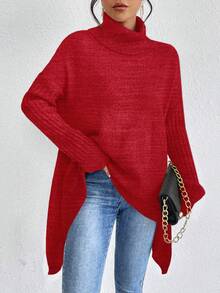 SHEIN LUNE Women's Casual Solid Color Turtleneck Long Sleeve Sweater, Autumn/Winter - Red - View 5