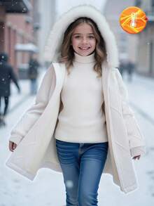 SHEIN 青少年女孩休闲百搭百搭校园和日常穿着温暖毛茸茸的衣领纹理针织收腰中长连帽夹克，秋冬