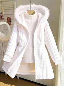 SHEIN 青少年女孩休闲百搭百搭校园和日常穿着温暖毛茸茸的衣领纹理针织收腰中长连帽夹克，秋冬