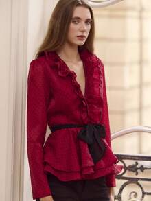 lacRébo Burgundy Polka Dot Organza Ruffle Blouse With V-Neckline, Peplum Cut, Long Sleeves, And Removable Black Belt, Chic Autumn-Winter Christmas New Year Party Outfits Birthday Party Outfits - Multicolor - View 2