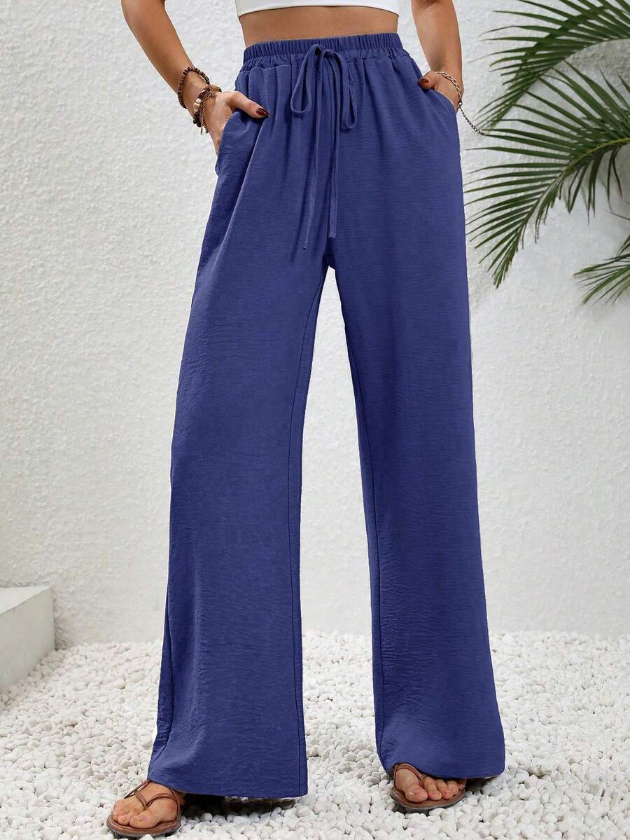 SHEIN LUNE Women's Casual Solid Color Pocketed Drawstring Pants - Purple - View 1