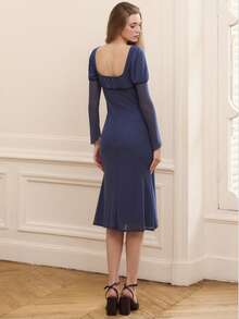 lacRébo Váy midi lưới ôm màu xanh navy, cổ nhún và nơ satin nhỏ, tay dài thanh lịch cho mùa thu đông - Màu đỏ tím - Xem 5