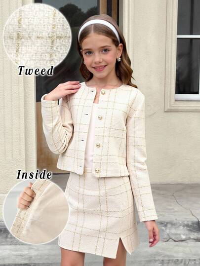 SHEIN Tween Girls Casual Everyday Elegant Tweed Jacket And Bodycon Skirt 2 Pieces Set, Suitable For Autumn/Winter, Ladylike 2 Pieces Set, Mom And Daughter