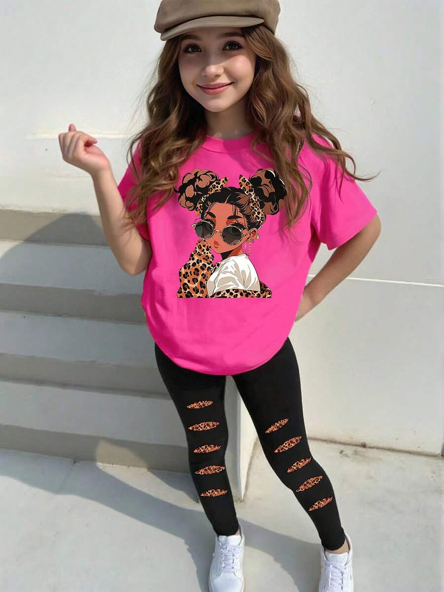 SHEIN 舒适秋季少女休闲时尚创意个性清新简约可爱卡通豹纹蝴蝶结豹纹外套太阳镜图案印花休闲玫红色基础款短款T恤+黑色打底裤套装,秋季舒适穿搭 - 彩色 - 查看 1