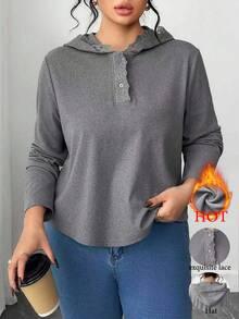 Elenzga Moletom com capuz feminino plus size elegante e minimalista com detalhes em renda, ideal para outono/inverno. - Cinza - Ver 1
