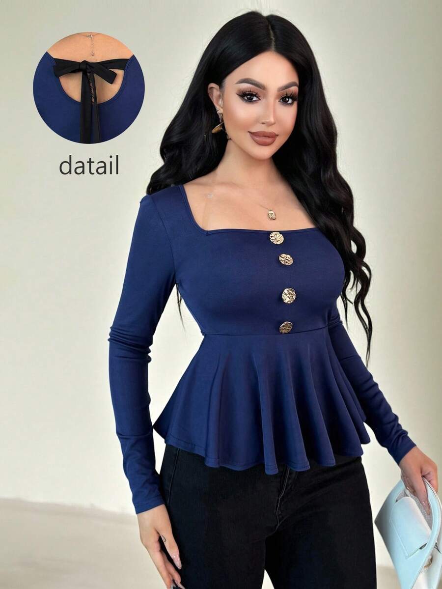 Vavine Dunkelblaues Damen-Top für Herbst/Winter: Quadratischer Ausschnitt + Rüschensaum, Details mit Metallic-Knöpfen, schwarze Schleife am Rücken, weicher, dehnbarer Stoff für hohen Tragekomfort – vielseitig einsetzbar für Alltagsausflüge, gesellschaftliche Anlässe oder die Arbeit.