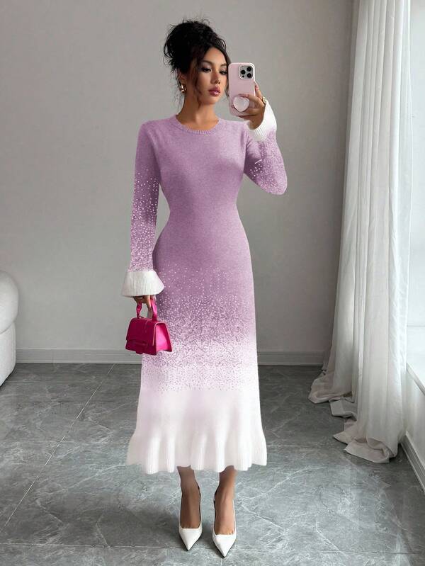 Elenzga Women's Autumn/Winter New Round Neck Ombre Unique Design Ruffle Hem & Cuff Fashionable Elegant Elegant Date Casual Fitted Knit Dress
