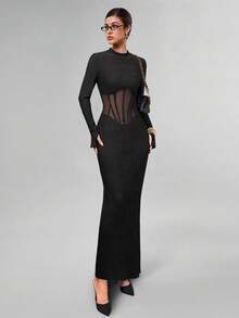 Avenya Women's Waist Cut-Out Semi-Sheer Bodice Design Long Sleeve Textured Fabric Dress - Black - View 4