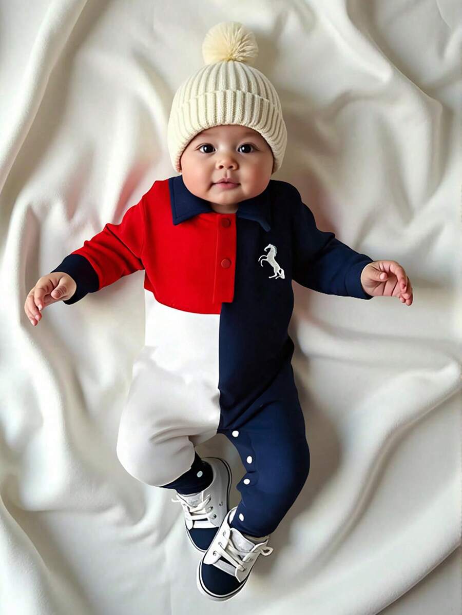 Souflis Souflis Baby Boys' Casual Polo Collar Colorblock Embroidered Long Sleeve Jumpsuit, Lightweight Breathable Soft Cotton, Horse Embroidery Decor, Suitable For All Seasons, Great For Casual, Gatherings, And Photography , Fashion Style Fit For Outdoor Walk/Indoor Leisure/Active Sports/Relaxing , Great Choice For Parent-Child Interaction(1-18M)