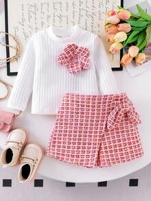 SHEIN Playful Pals 女婴秋冬立领碎花长袖T恤和格子蝴蝶结短裙套装 - 白色 - 查看 4