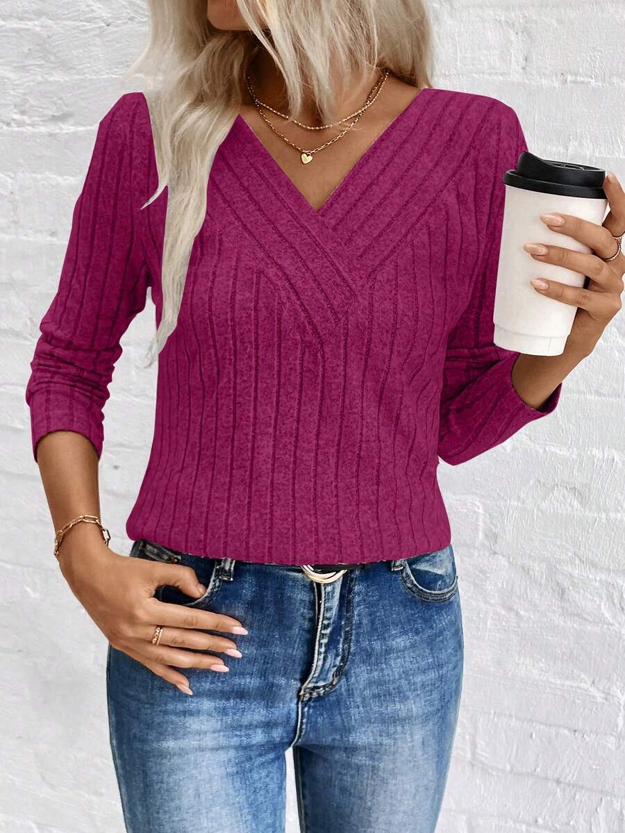 SHEIN LUNE LUNE V领拉绒罗纹女上衣 跨境电商新品 秋冬 - 玫紅色 - 查看 1