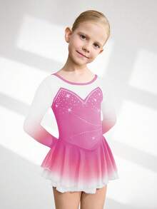 女童花样滑冰服，渐变粉色闪亮冰上比赛服，镶钻紧身衣，弹力丝滑网纱冰上裙 - 彩色 - 查看 4