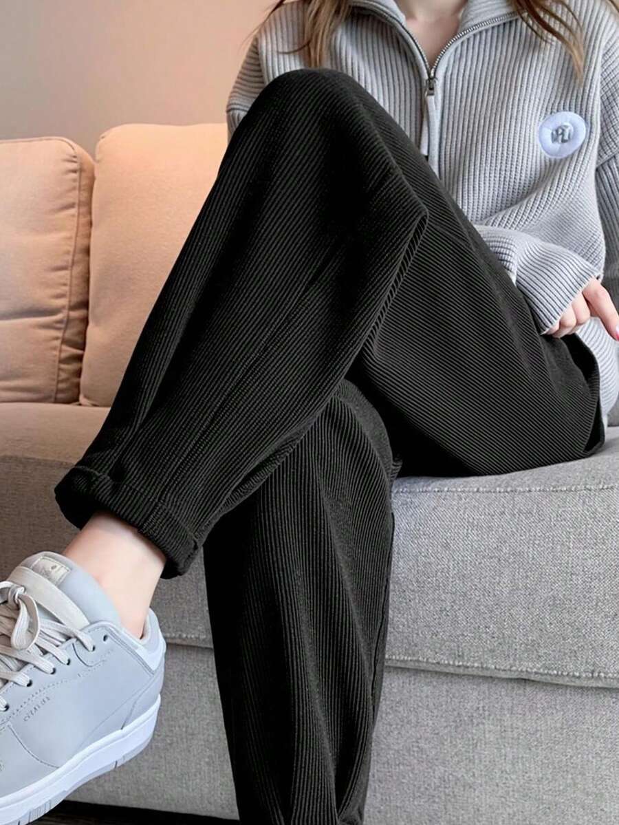 INAWLY Quần nỉ đi làm thường ngày màu trơn cho nữ, mùa thu - màu đen - Xem 1