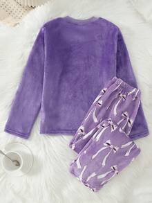 Flannel Girls Teen Loungewear 2-Piece Set - Purple Solid Top Bow Print Pants Combo Sweet Bow All-Over Print Design Purple Tone-On-Tone Match Thick Warm Flannel Fabric Long Sleeve Top Pants Set Social Media Style Sweet Girl Aesthetic Autumn Winter Spring Holiday Essential Girls Teen Home Set Purple Pajamas Set - Purple - View 2