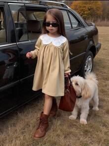 女童田园风优雅长袖连衣裙，面料舒适，百搭百搭系列，适合春秋过渡季节 - 彩色 - 查看 3