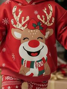SHEIN Baby Girl Cartoon Reindeer Print Long Sleeve Hoodie And Pants Casual Outfit - Hot Pink - View 3