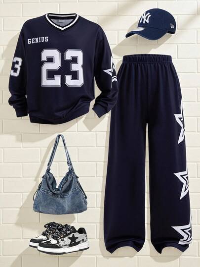 Explorewe 1 套青少年女孩运动型黑色数字和字母印花长袖上衣 + 星星图案阔腿裤，常规厚度，休闲装，秋季