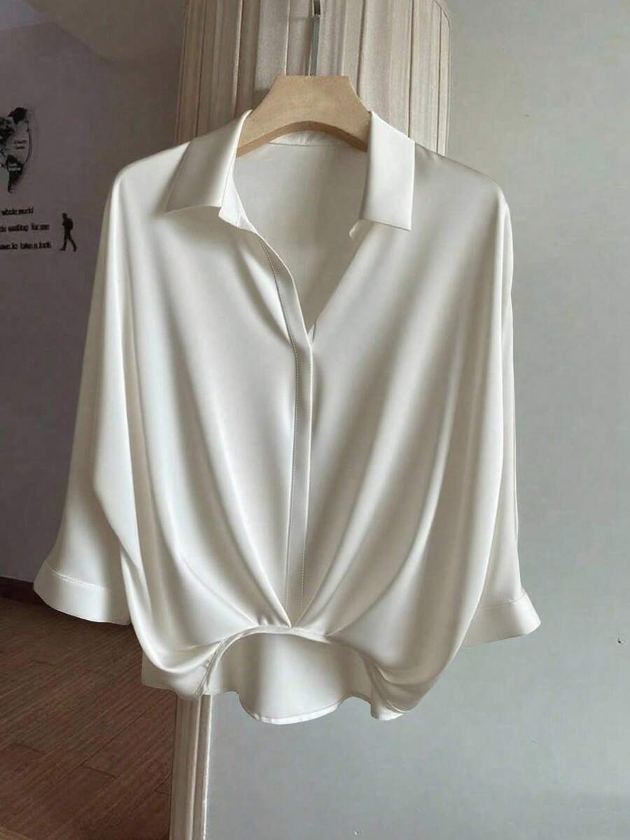 Franclia Women's Elegant Casual 3/4 Sleeve Pleated Hem Blouse Cream Blouse Elegant Blouse - Apricot - View 1