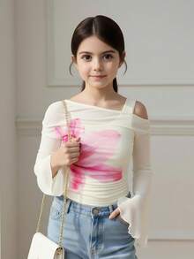 SHEIN 年轻女孩花卉图案休闲不对称肩T恤 - 白色 - 查看 6