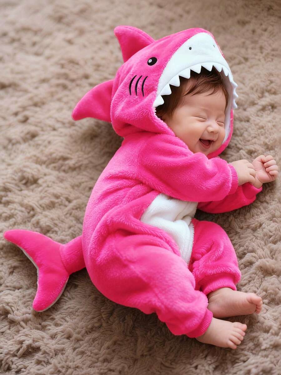 SHEIN 新生儿鲨鱼造型套装，可爱毛绒鲨鱼造型3D帽子，刺绣鲨鱼脸，长袖连体衣 - 玫紅色 - 查看 1