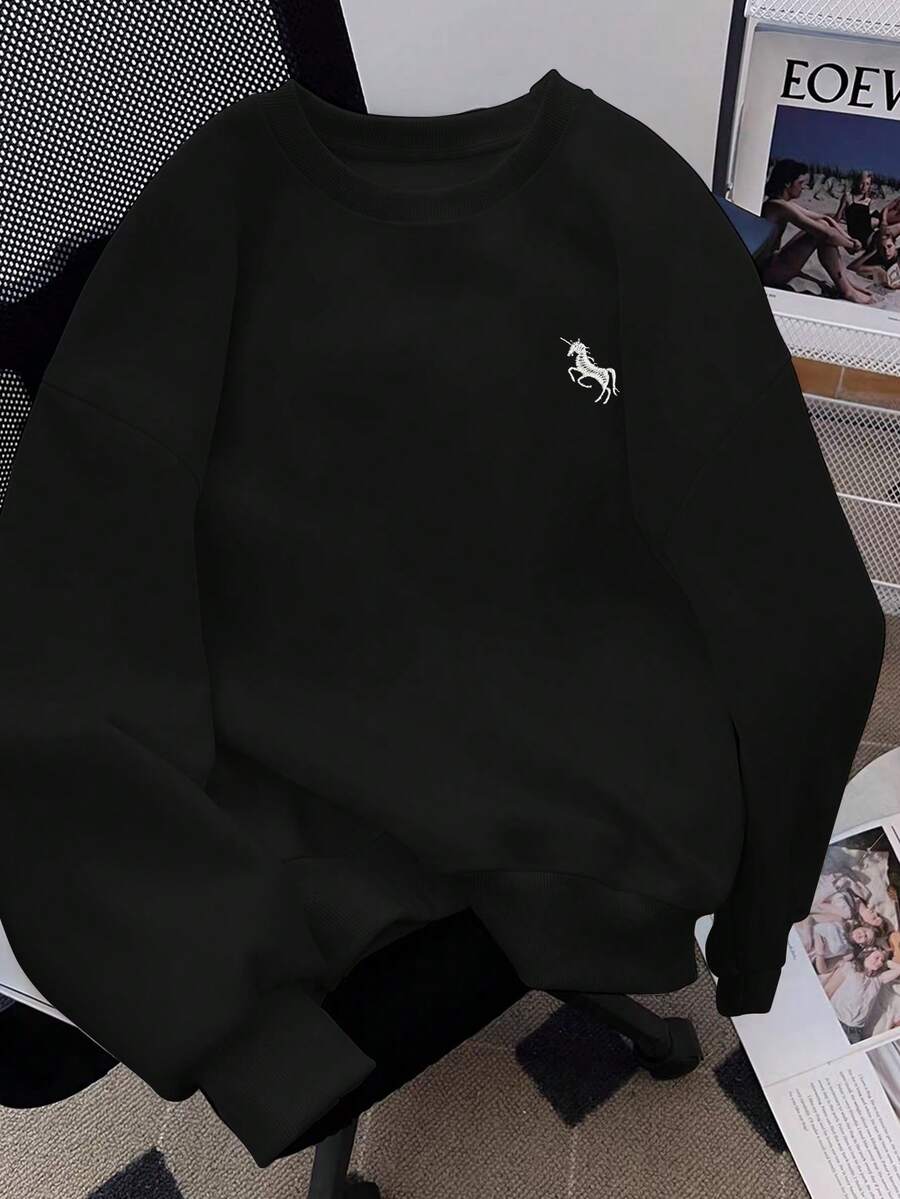 Manfinity Dauomo Sudadera de cuello redondo de manga larga con bordado sencillo para hombre, talla estándar - Negro - Ver 1