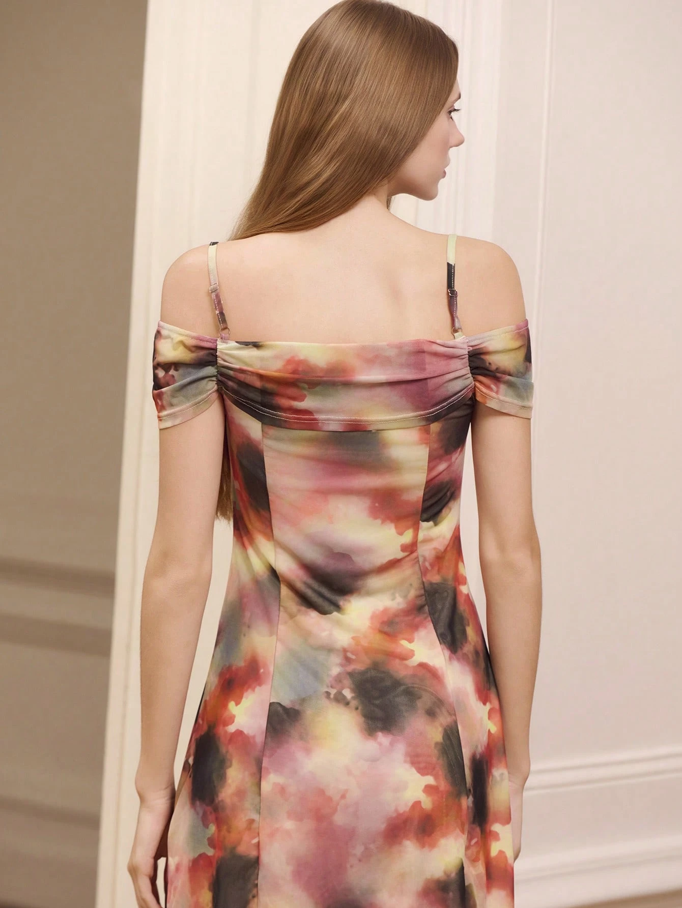 タイダイ柄 オフショルダー ミニドレス 細ストラップ ボウ付き パーティースタイル