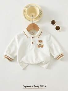 Cozy Pixies 男婴卡通熊图案翻领半拉链套头卫衣