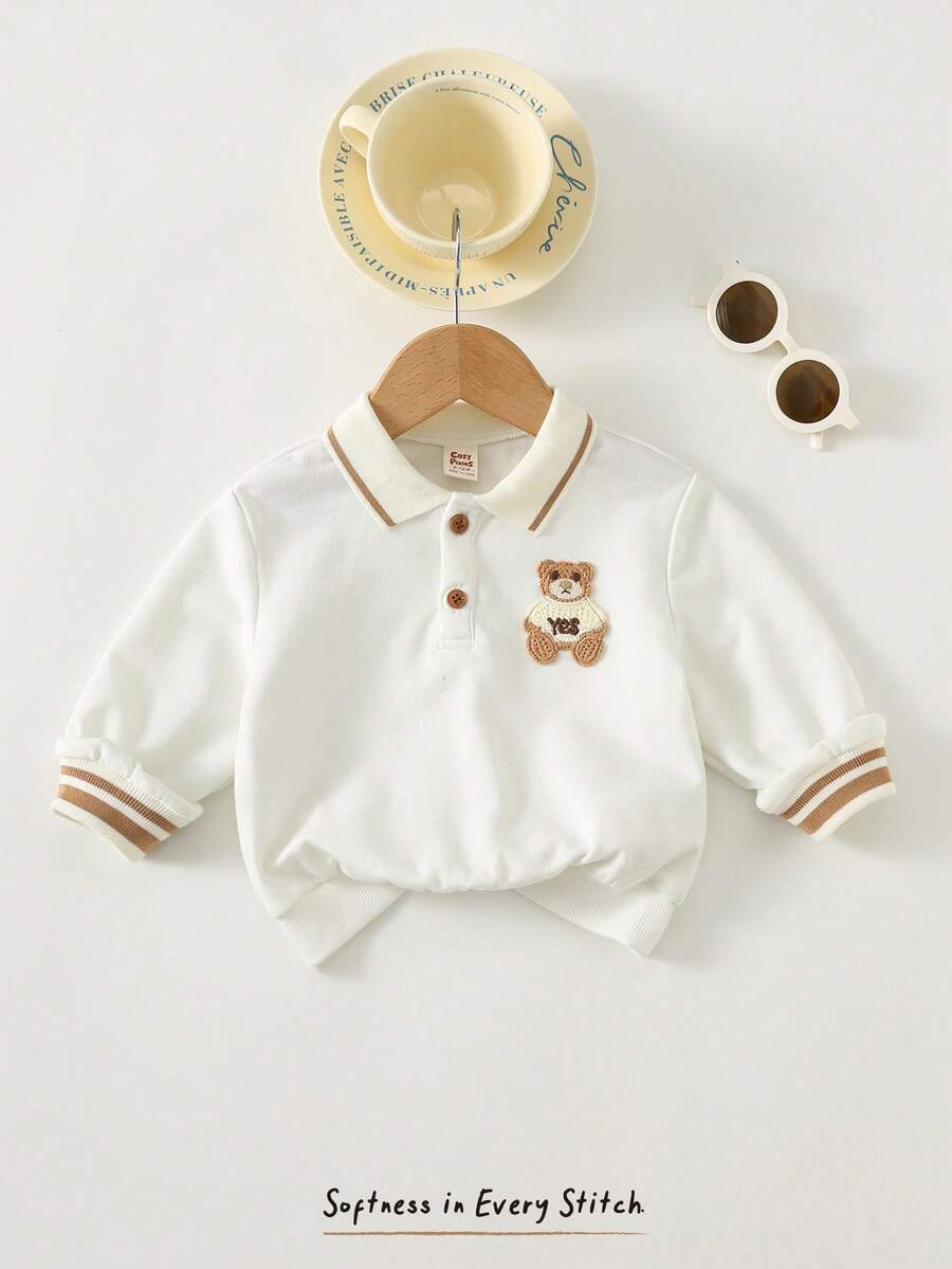 Cozy Pixies 男婴卡通熊图案翻领半拉链套头卫衣