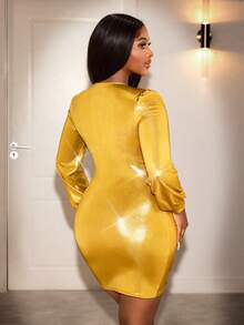 Xyvia Women's Gold Foil V-Neck Ruched Waist Asymmetric Hem Bodycon Dress, Sexy Outfit For Birthday, Date, Party, Gala, Music Festival - Gold - View 2