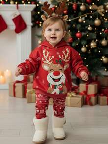 SHEIN Baby Girl Cartoon Reindeer Print Long Sleeve Hoodie And Pants Casual Outfit - Hot Pink - View 5