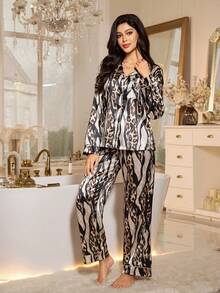 LuxeNights Elegant Leopard Print Satin Pocket Front Button Long Sleeve Pajama Set For Women Curve Pajamas Set 2 Pieces Lounge Set Woman Animal Print Pajama Set Two Pieces Sleepwear Set, Fall & Winter Clothes - Multicolor - View 1