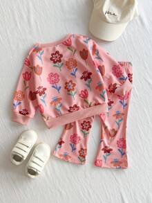 SHEIN 2pcs Baby Girl Cute Sweet Fashion Casual Pink All Over Colorful Floral Flower Plant Print Pattern Long Sleeve Round Neck Sweatshirt Pullover Tops And Elastic Waist Flared Pants Bell Bottoms Leggings Two Pieces Outfit Sets Soft Clothes For Daily Wear School Park Play Spring Fall Autumn Winter - Pink - View 2