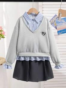 少女二合一长袖卫衣半裙套装 - 灰色 - 查看 3