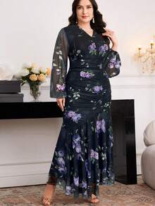 Modelyn 大码女式印花V领灯笼袖褶皱优雅连衣裙 - 彩色 - 查看 5