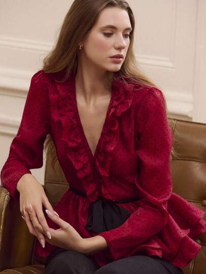 lacRébo Burgundy Polka Dot Organza Ruffle Blouse With V-Neckline, Peplum Cut, Long Sleeves, And Removable Black Belt, Chic Autumn-Winter Christmas New Year Party Outfits Birthday Party Outfits