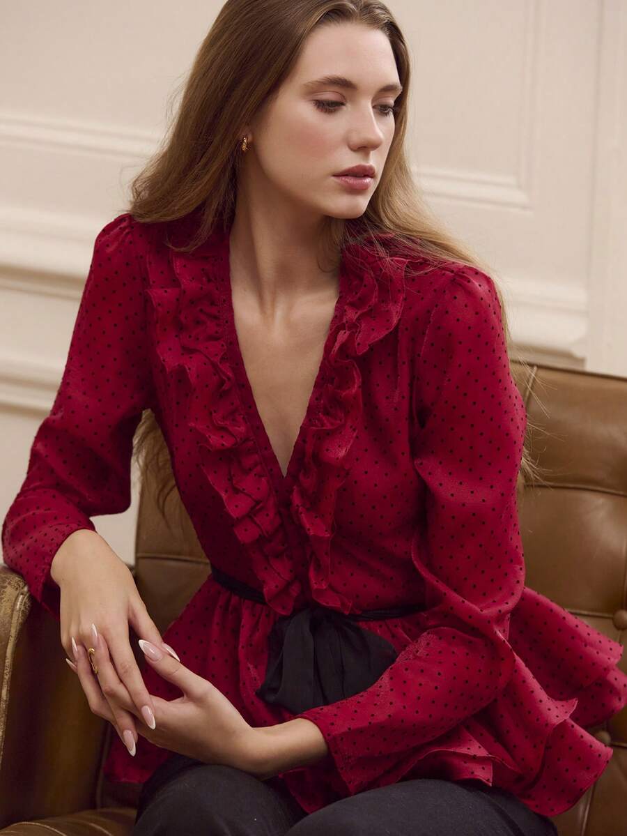 lacRébo Burgundy Polka Dot Organza Ruffle Blouse With V-Neckline, Peplum Cut, Long Sleeves, And Removable Black Belt, Chic Autumn-Winter Christmas New Year Party Outfits Birthday Party Outfits - Multicolor - View 1