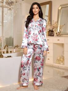 LuxeNights Women's Elegant Floral Print Faux Silk Lapel Top & Pants Pajama Set Home Wear Women Lounge Wear Set, Fall & Winter Clothes - Multicolor - View 5