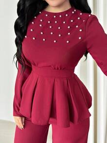 Vavine 女士酒红色泡泡袖长袖上衣和裤子优雅两件套 - 酒紅色 - 查看 6