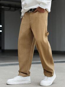 Manfinity Hypemode 男士休闲竖条纹多口袋卡其色工装牛仔裤，街头时尚 - 卡其色 - 查看 4