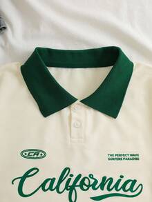 INAWLY Camiseta con gráfico de letra y cuello de contraste, camisetas gráficas para mujer - Beis - Ver 5