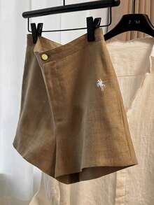 Airaco 女士骑士刺绣阔腿宽松休闲百搭短裤 - 卡其色 - 查看 3