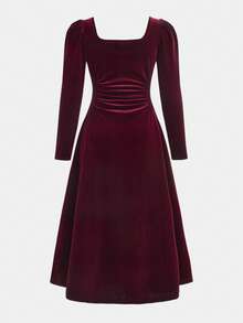 SHEIN Serisse Kids 女童纯红色大蝴蝶结腰部 A 字短款长袖连衣裙，优雅复古，适合派对、圣诞节、新年派对、秋冬 - 紅色 - 查看 3