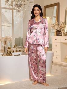 LuxeNights 花卉印花仿丝绸翻领女士长袖睡衣套装，冬季服装