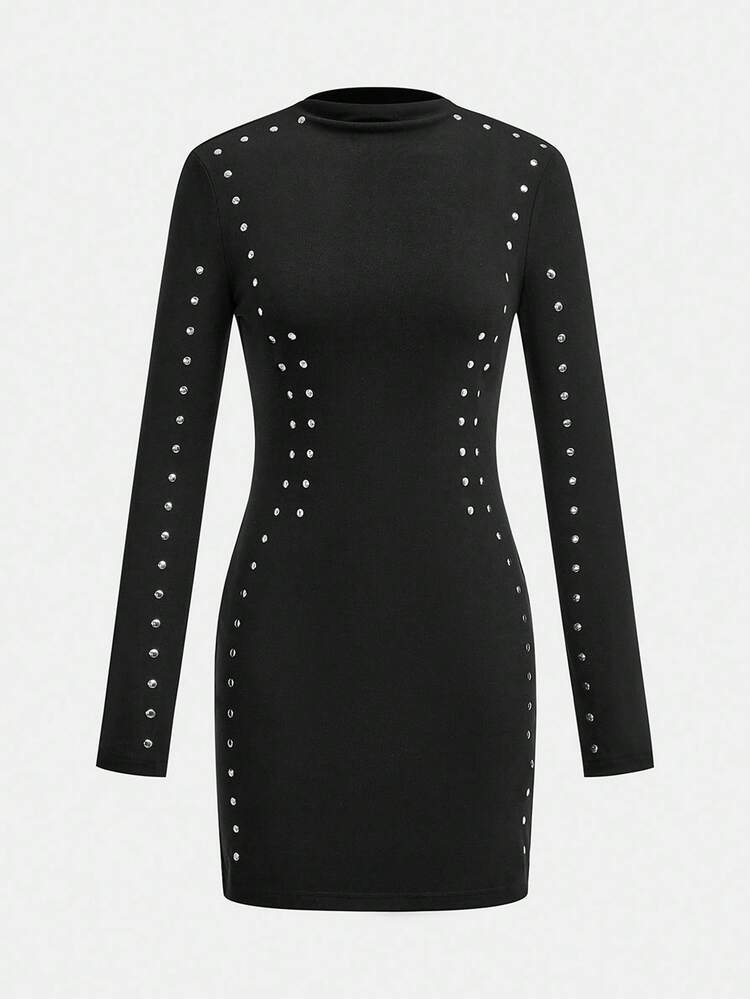 SHEIN Maija Robe moulante en maille à col montant et taille ajustée, noire, à manches longues, avec design perlé. Convient pour les fêtes, la ville, les vacances, l'automne/hiver