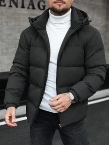 Manfinity CasualCool Men's Solid Color Minimalist Casual Hooded Long Sleeve Plaid Padded Coat Men Outerwear Winter Coat For Men Bubble Coat Men Men Jackets - Black - View 3